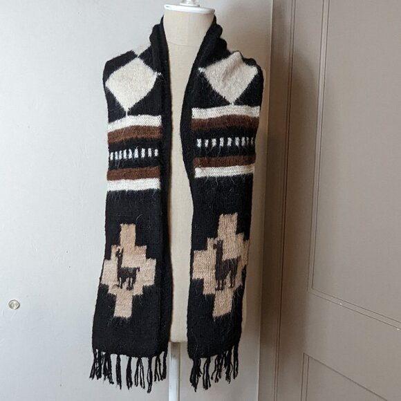 Vintage Alpaca Knit Wool Scarf Fringe Brown Black White Handmade Boho - Picture 2 of 6